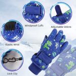 JANGANNSA Winter Kids Ski Gloves Boys Girls Cold Weather Snow Glove Waterproof Ski Snowboard Gloves with Fleece Lining(Royal Blue Dinosaur,7-9Years)